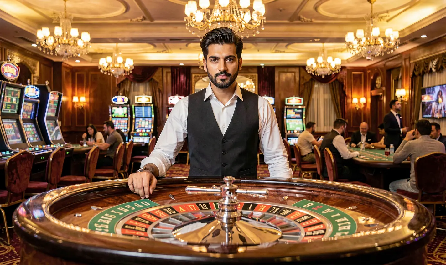 Confident Bangladeshi casino dealer standing at a glowing roulette table in a luxurious gaming hall representing the high quality live casino experience at 67OK