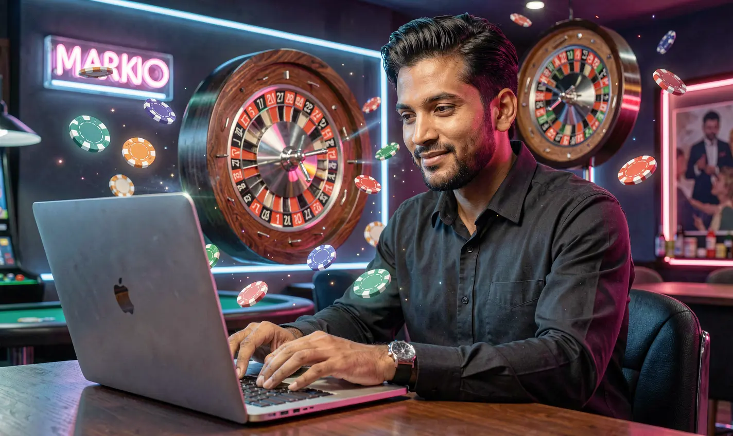 Focused Bangladeshi player using a laptop surrounded by glowing casino chips and digital roulette graphics while playing 67OK games online